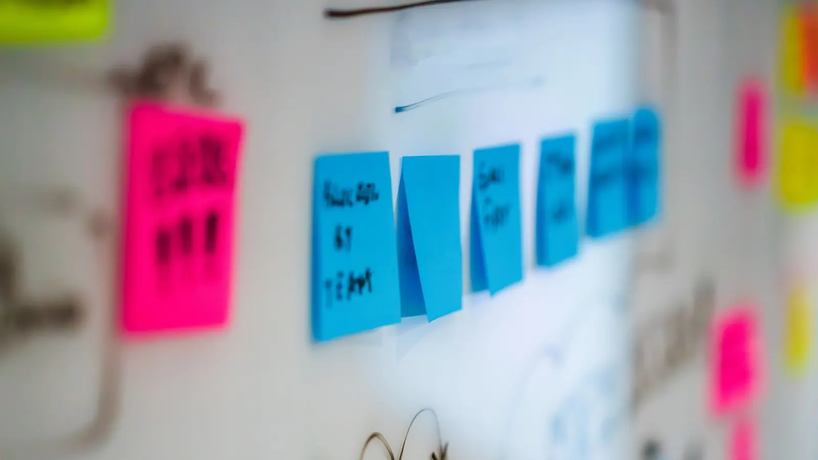 Sticky notes arranged on a whiteboard like pipeline stages