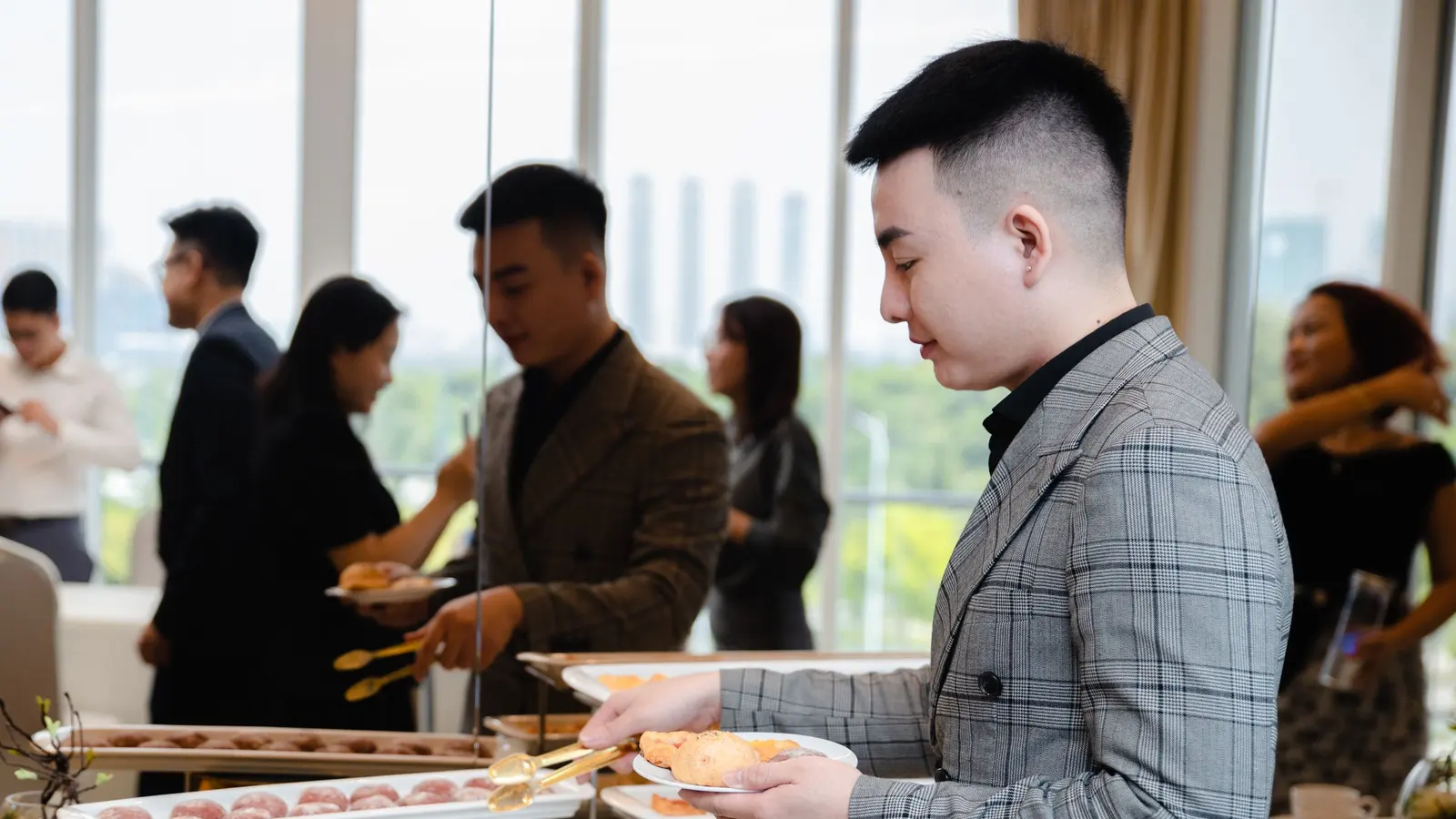 People talking at a professional networking event
