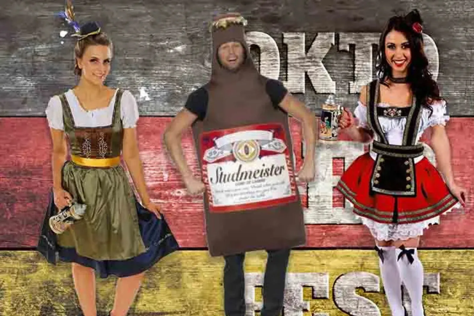 Three people in Oktoberfest costumes in front of a rustic timber wall