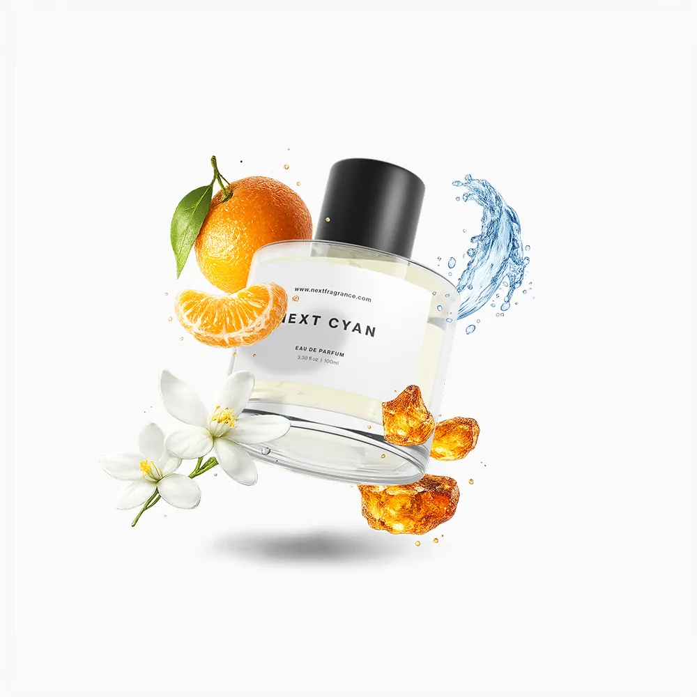 Next Cyan bottle floating with mandarin, orange blossom, amber and a splash of water