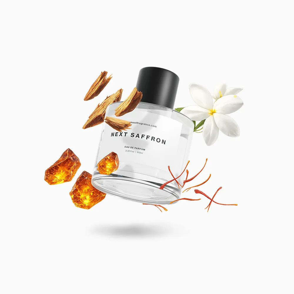 Next Saffron bottle floating with saffron threads, amber, sandalwood and jasmine