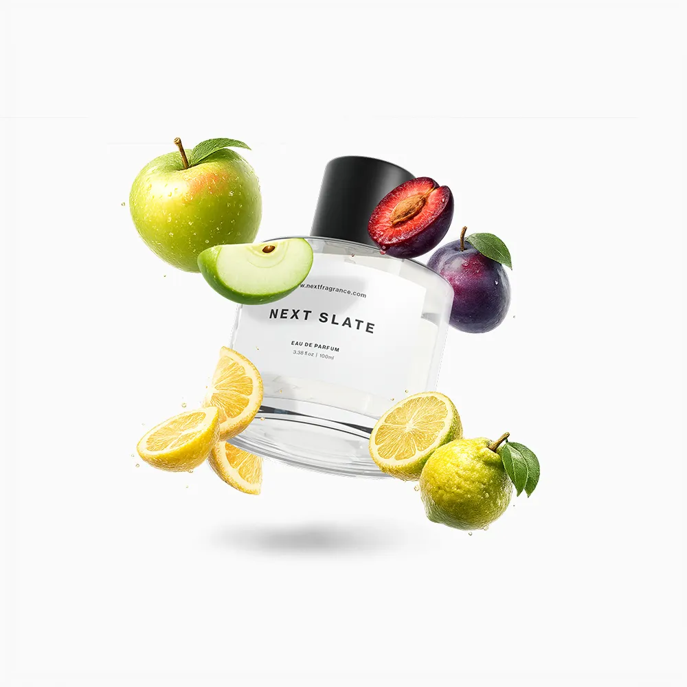 Next Slate bottle floating with green apple, lemon, plum and bergamot