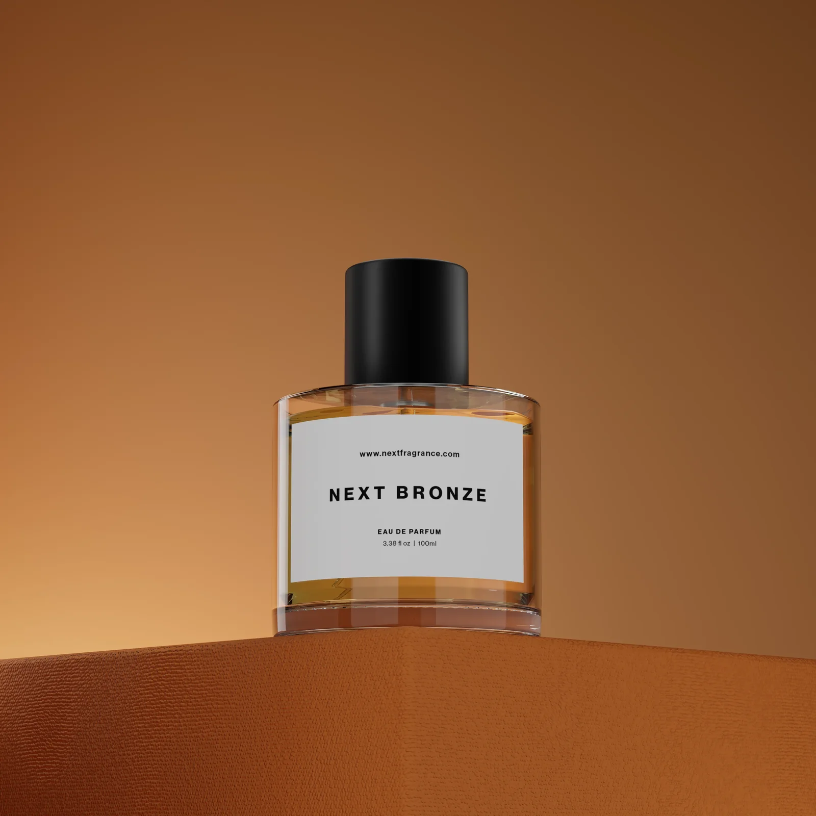 Next Bronze bottle in a warm bronze-toned 3D scene