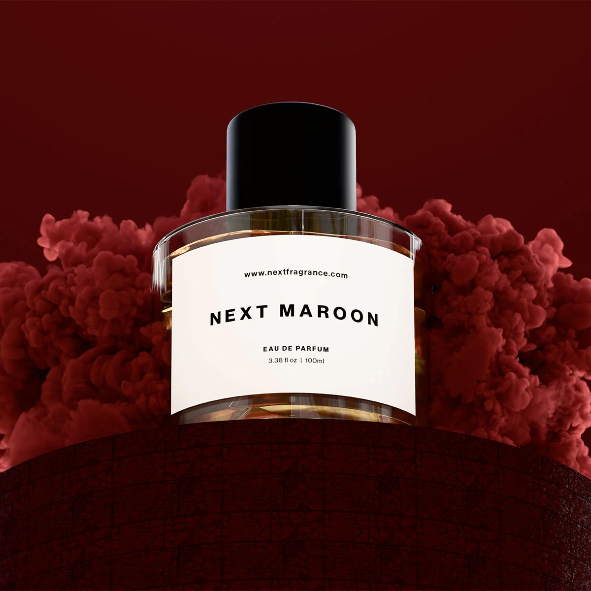 Next Maroon bottle surrounded by billowing deep-red smoke