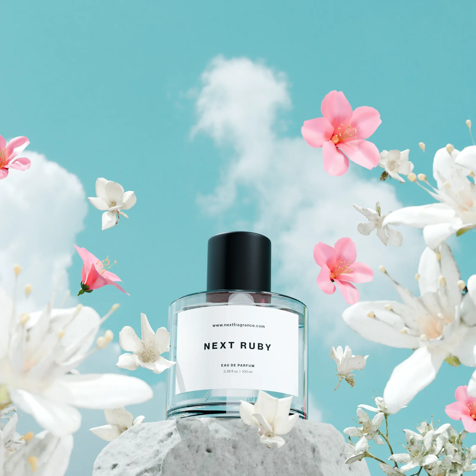 Next Ruby bottle on a stone among pink and white blossoms against a blue sky